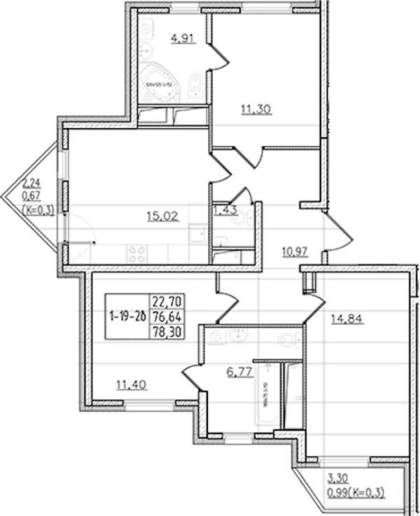 3-комнатная квартира 78.3 м², 19/19 эт., ЖК «Мурино Клаб»